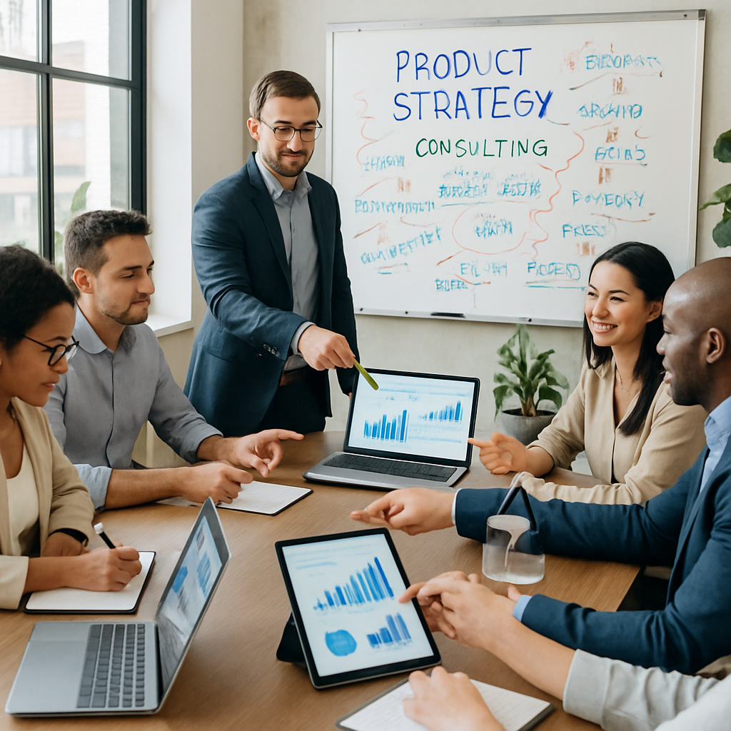 A team of product leaders collaborating with a consultant