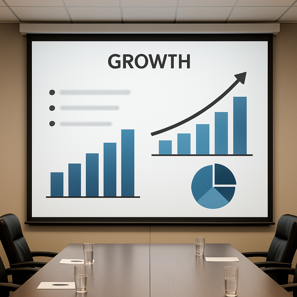a conference room with a projector screen displaying market research findings